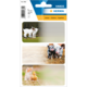 Aufkleber mit drei Bildern: Zwillingslämmer, zwei Ferkel und ein Kätzchen mit einem Entenküken.