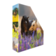 Ein Ordner mit Bildern von Pferden in einer blühenden Landschaft, darunter ein schwarzes und ein palomino Pferd, die sich aneinander schnüffeln.