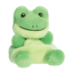 Plüschfrosch in hellgrüner Farbe, mit großen Augen und einem lächelnden Gesicht, sitzt aufrecht mit einem freundlichen Ausdruck.