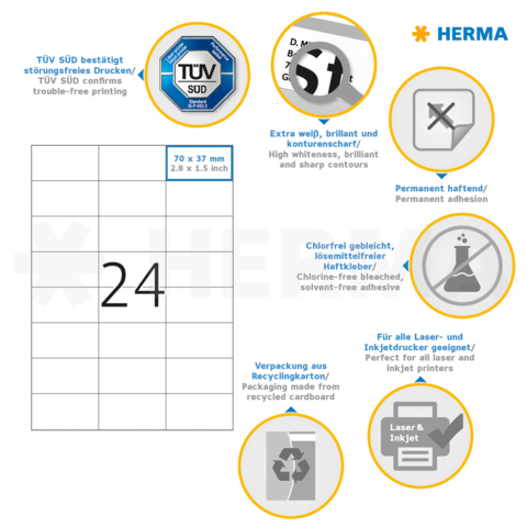 Etikettenbeschreibung mit Abmessungen (70 x 37 mm), permanent haftend, chlorfrei gebleicht, geeignet für Laser- und Inkjetdrucker.