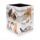 Ein Wäschekorb mit Bildern von verschiedenen Katzen, darunter spielende und ruhende Tiere in verschiedenen Posen.