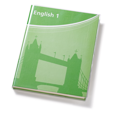 Ein grünes Lehrbuch mit dem Titel "English 1" und einer schematischen Darstellung einer Brücke auf dem Cover.