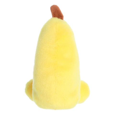 Gelbes, plüschiges Spielzeug in Form einer Banane mit einem braunen Stiel oben. Die Rückseite ist sichtbar, ohne weitere Details.