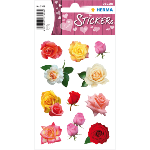Bunte Rosen-Sticker auf einem Bogen, mit verschiedenen Farben und Formen, ideal für Dekoration und Bastelprojekte.