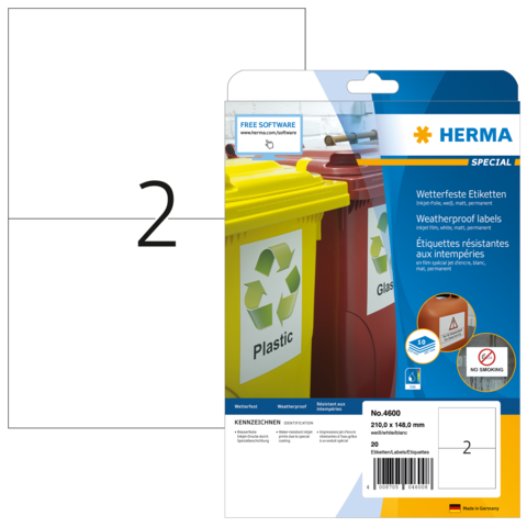 Wetterfeste Etiketten von Herma, geeignet für die Kennzeichnung von Abfallbehältern. Enthält 20 Etiketten in verschiedenen Farben.