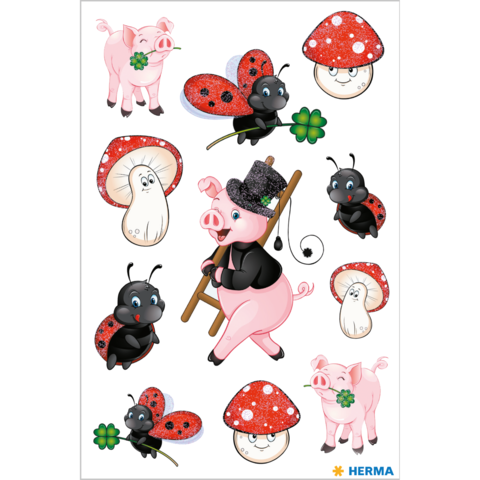 Bunte Aufkleber mit einem rosa Schwein, Marienkäfern, Pilzen und einem Kleeblatt, alles in einem verspielten, cartoonhaften Stil.