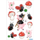 Bunte Aufkleber mit einem rosa Schwein, Marienkäfern, Pilzen und einem Kleeblatt, alles in einem verspielten, cartoonhaften Stil.