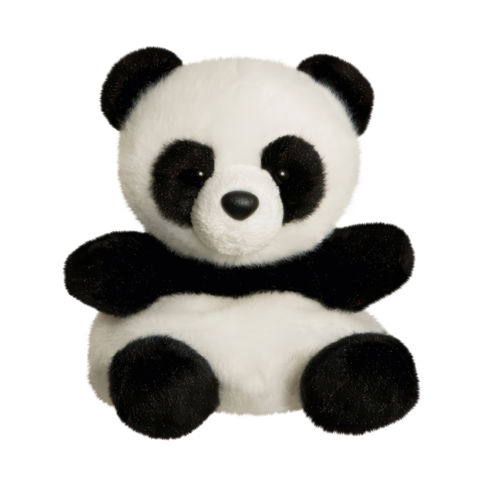 Kuschelpanda mit schwarz-weißer Fellzeichnung, sitzt mit ausgestreckten Armen und runden Ohren.