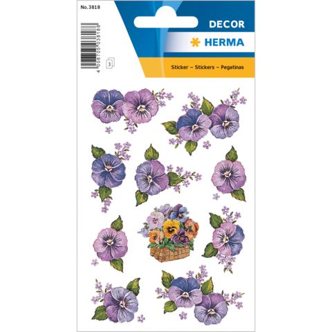 Bunte Aufkleber mit verschiedenen Veilchenmotiven und einem Korb voller Blumen. Ideal für Dekoration und Bastelprojekte.