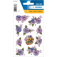 Bunte Aufkleber mit verschiedenen Veilchenmotiven und einem Korb voller Blumen. Ideal für Dekoration und Bastelprojekte.