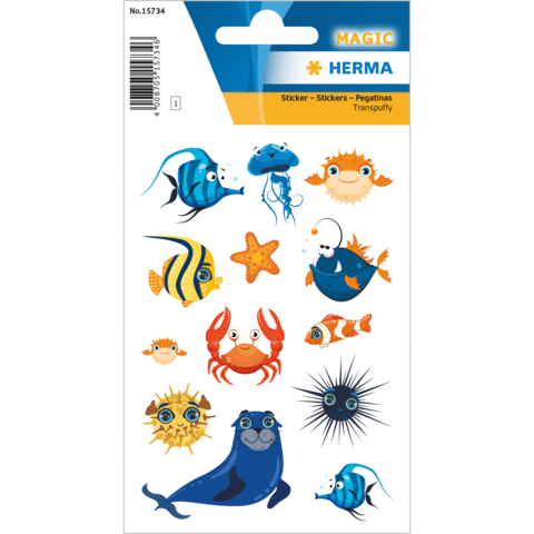 Bunte Aufkleber mit verschiedenen Meereslebewesen, darunter Fische, ein Krebs, ein Seestern und eine Robbe.