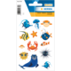 Bunte Aufkleber mit verschiedenen Meereslebewesen, darunter Fische, ein Krebs, ein Seestern und eine Robbe.