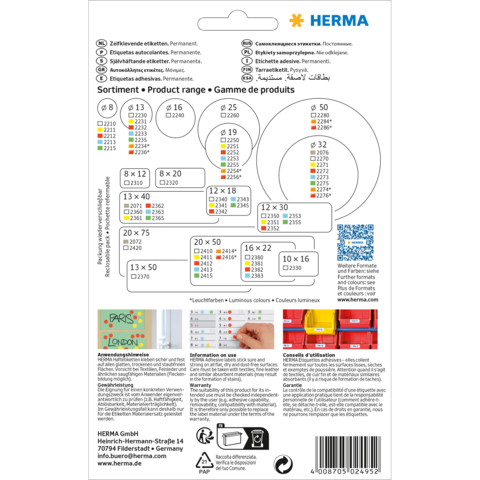 Produktübersicht mit verschiedenen Etikettenformaten, Farben und Eigenschaften von Herma, einschließlich QR-Code und Kontaktinformationen.