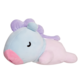 Plüschfigur eines niedlichen, blauen und rosa Tieres mit lila Ohren und einem lächelnden Gesicht, das auf der Seite liegt.