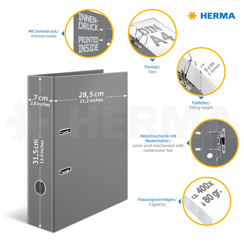 Grauer Ordner mit Angaben zu Format, Füllhöhe und Hebelmechanik. Enthält Informationen über Kapazität und Druckdetails.