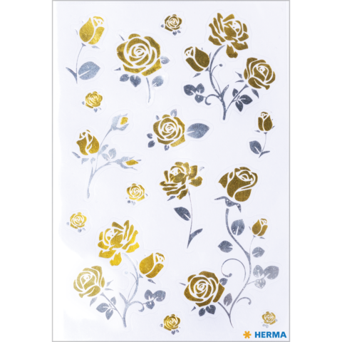 Gold- und silberfarbene Rosenaufkleber auf weißem Hintergrund, verschiedene Größen und Anordnungen.