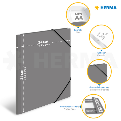 Graue Mappe aus stabiler Kartonage mit Gummiband, geeignet für DIN A4, maximal 2 cm dick. Enthält elastische Eckspanner.