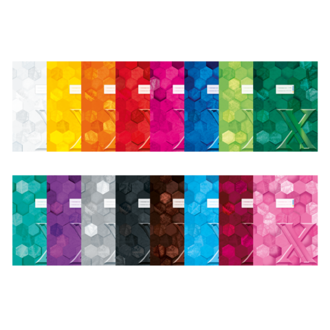 Eine Reihe von Notizheften in verschiedenen Farben, angeordnet in zwei Reihen, mit hexagonalen Mustern und einem großen "X" auf einigen Covern.