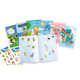 Eine Sammlung von Stickeralben mit verschiedenen Designs und Aufklebern, darunter Tiere, Blumen und Fantasiefiguren.