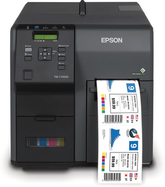 Epson TM-C7500G Etikettendrucker mit bunten Etiketten, die aus dem Ausgabeschacht herauskommen. Bedienfeld mit Tasten und Display sichtbar.