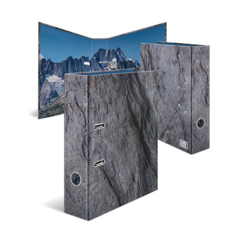 Ordner mit einem Design, das Felsen und Berge darstellt, geöffnet und von vorne und hinten sichtbar.