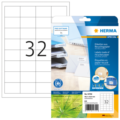Etikettenpackung von Herma mit 32 Etiketten aus Recyclingpapier, inklusive Softwarehinweis für die Gestaltung.