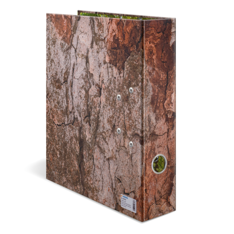 Ordner mit einer Oberfläche, die wie Baumrinde aussieht, mit drei Metallringen und einem Sichtfenster auf der Vorderseite.