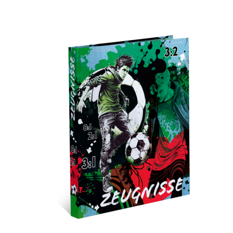 Ein farbenfrohes Cover eines Fußballheftes mit dem Titel "Zeugnisse", das einen Spieler mit einem Ball und verschiedene Spielstände zeigt.