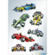 Sechs verschiedene Rennwagen in verschiedenen Designs, darunter Formel-1-Modelle, auf einem hellen Hintergrund.