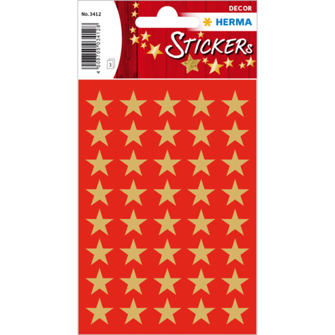 Rote Sticker mit goldenen Sternen in einem regelmäßigen Muster, verpackt auf einer Karte. Ideal für Dekoration oder Bastelprojekte.
