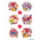Bunte Blumenarrangements in verschiedenen Formen und Farben, darunter Rosen, Veilchen und andere florale Elemente.