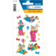 Bunte Clown-Sticker in verschiedenen Posen, einige mit Ballons und Regenschirm, auf einem weißen Hintergrund.