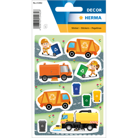 Aufkleber mit Müllfahrzeugen, Recyclingbehältern und Figuren in Arbeitskleidung. Bunte Designs für Dekorationszwecke.