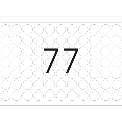 Zahl 77 in fetter Schrift, umgeben von vielen leeren Kreisen auf einem weißen Hintergrund.