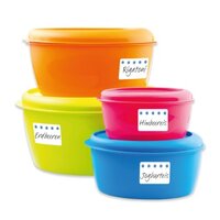 Beschriftete Tieflühletiketten auf Tupperware