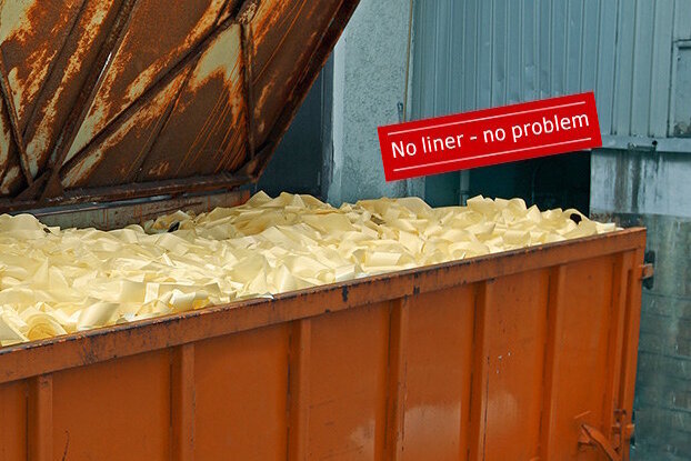 Container mit Trägerpapierabfall, Müll vermeiden mit HERMA InNo-Liner-System (ohne Bildtext), Querformat