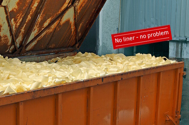 Container mit Trägerpapierabfall, Müll vermeiden mit HERMA InNo-Liner-System (ohne Bildtext), Querformat
