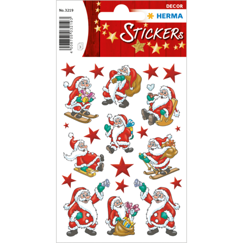 Weihnachtliche Aufkleber mit verschiedenen Santa Claus-Motiven, darunter Santa beim Schlittenfahren, Geschenke überreichen und in verschiedenen Posen.