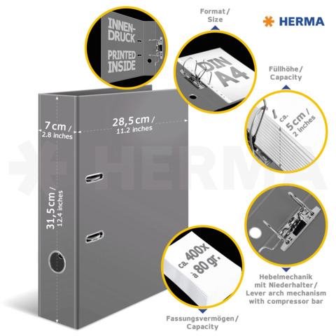 Grauer Ordner mit Details zu Format, Füllhöhe und Hebelmechanik. Kapazität für 400 Blätter à 80 g/m².
