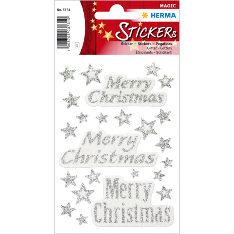 Glitzernde Aufkleber mit dem Text "Merry Christmas" und kleinen Sternen in Silber auf einem bunten Hintergrund.