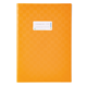 Ein orangefarbenes Notizbuch mit einem weißen Etikett auf der Vorderseite, das Platz für eine Beschriftung bietet.
