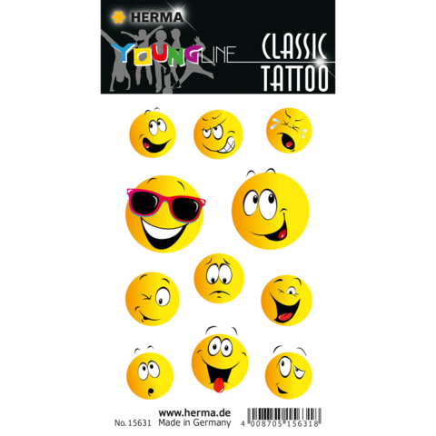 Bogen mit verschiedenen gelben Emoji-Tattoos, die unterschiedliche Gesichtsausdrücke zeigen, darunter lächelnde und witzige Gesichter.