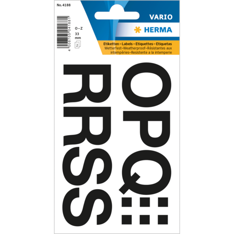 Schwarze Etiketten mit Buchstaben "O", "P", "Q", "R", "S" und "T" auf einer Verpackung, wetterfest und vielseitig einsetzbar.