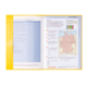 Ein aufgeschlagener Atlas mit einer Karte von Deutschland und einer Tabelle zur Kartennavigation. Informationen zu geografischen Merkmalen sind sichtbar.