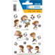 Aufkleber mit spielenden Kindern, die Fußball spielen, umgeben von Fußbällen. Verschiedene Posen und Gesichtsausdrücke der Kinder.