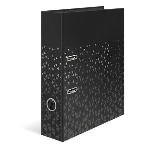 Schwarzer Ordner mit einem geometrischen Muster, zwei USB-Anschlüssen und einem runden Loch auf der Seite.