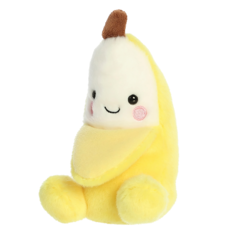 Kuscheltier in Form einer Banane mit einem lächelnden Gesicht und rosa Wangen, sitzend und in gelber Farbe.