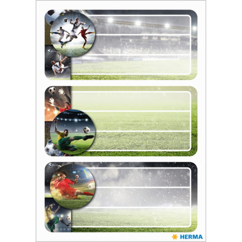 Drei beschriftbare Etiketten mit Fußballmotiven, die Spieler und Tore zeigen, auf einem grünen Rasenhintergrund.