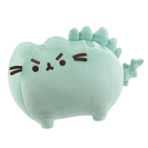 Kuscheltier in Form einer Katze mit Dinosauriermerkmalen, mintgrün, mit einem grimmigen Gesichtsausdruck und einem Schwanz.
