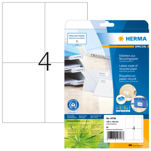 Etiketten aus Recyclingpapier in einer Verpackung, die 80 Stück enthält. Größe 105 x 148 mm, mit Softwarehinweis.